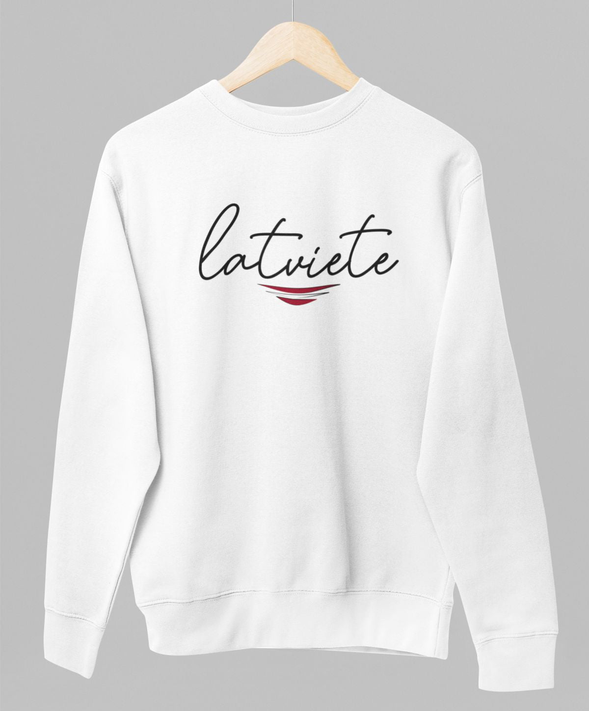 Balts UNISEX džemperis bez kapuces "Es esmu latviete"