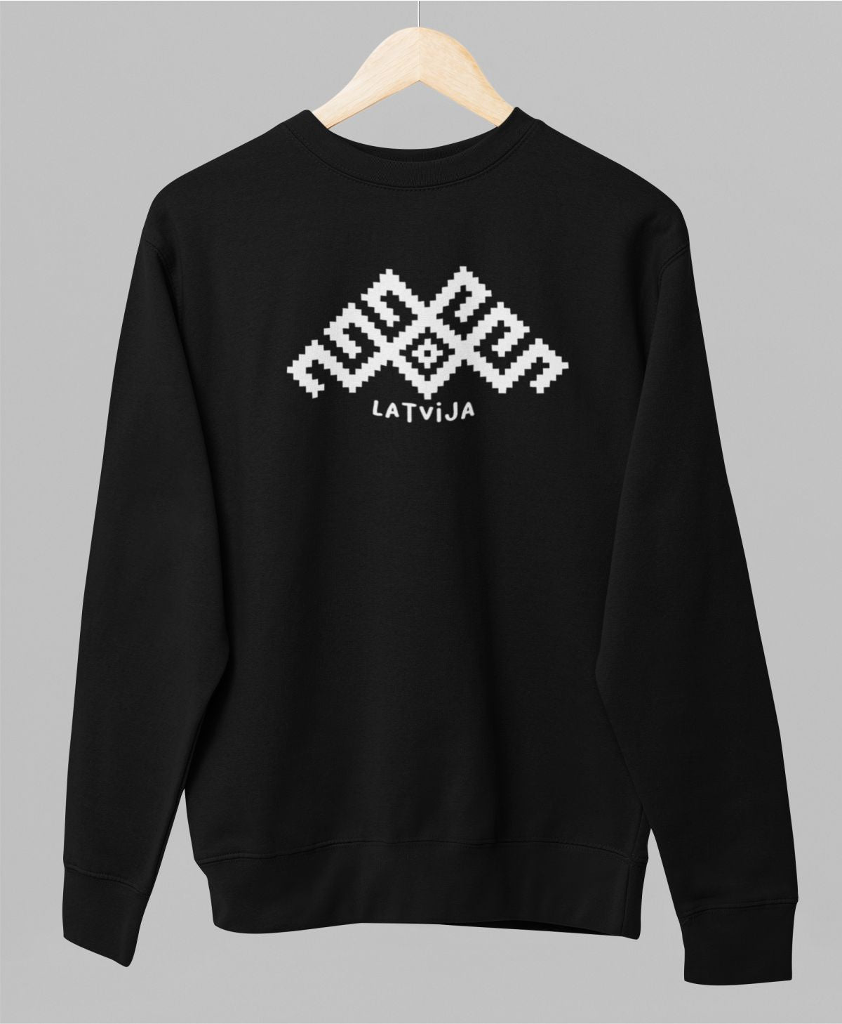 Melns UNISEX džemperis bez kapuces "Latviešu raksti"