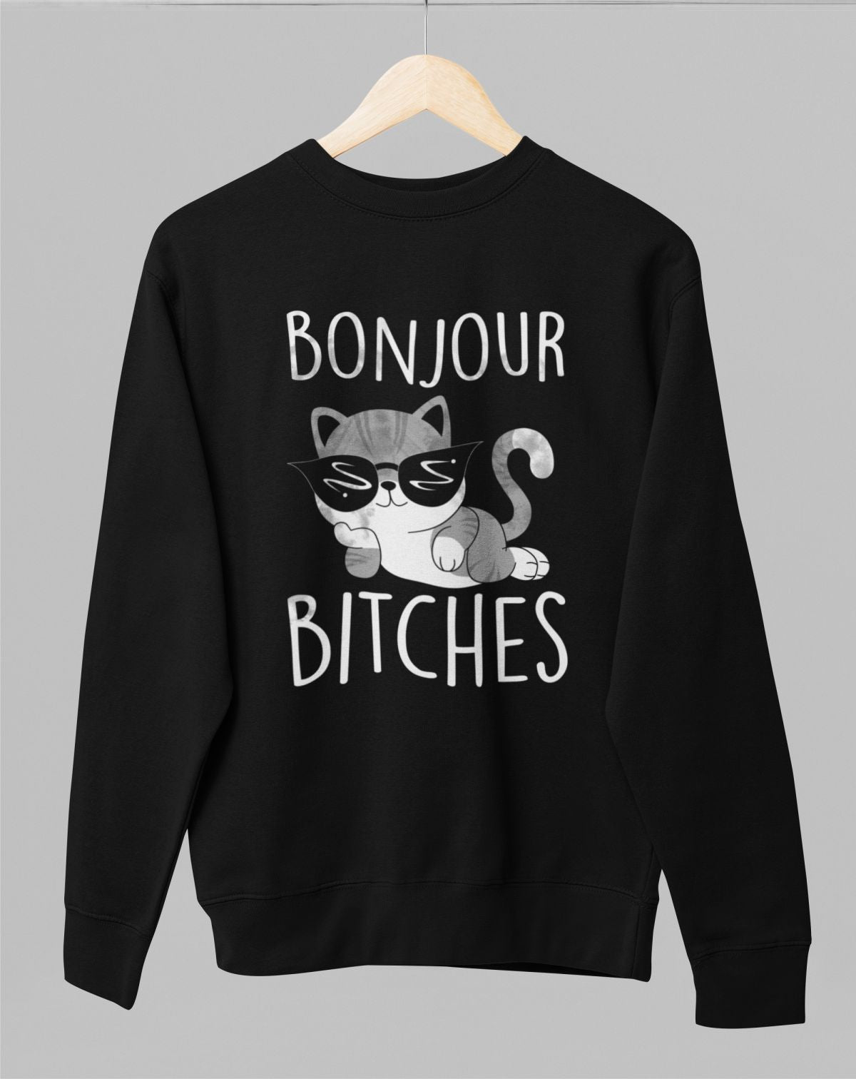 Must UNISEX dressipluus ilma kapuutsita "Bonjour bitches"