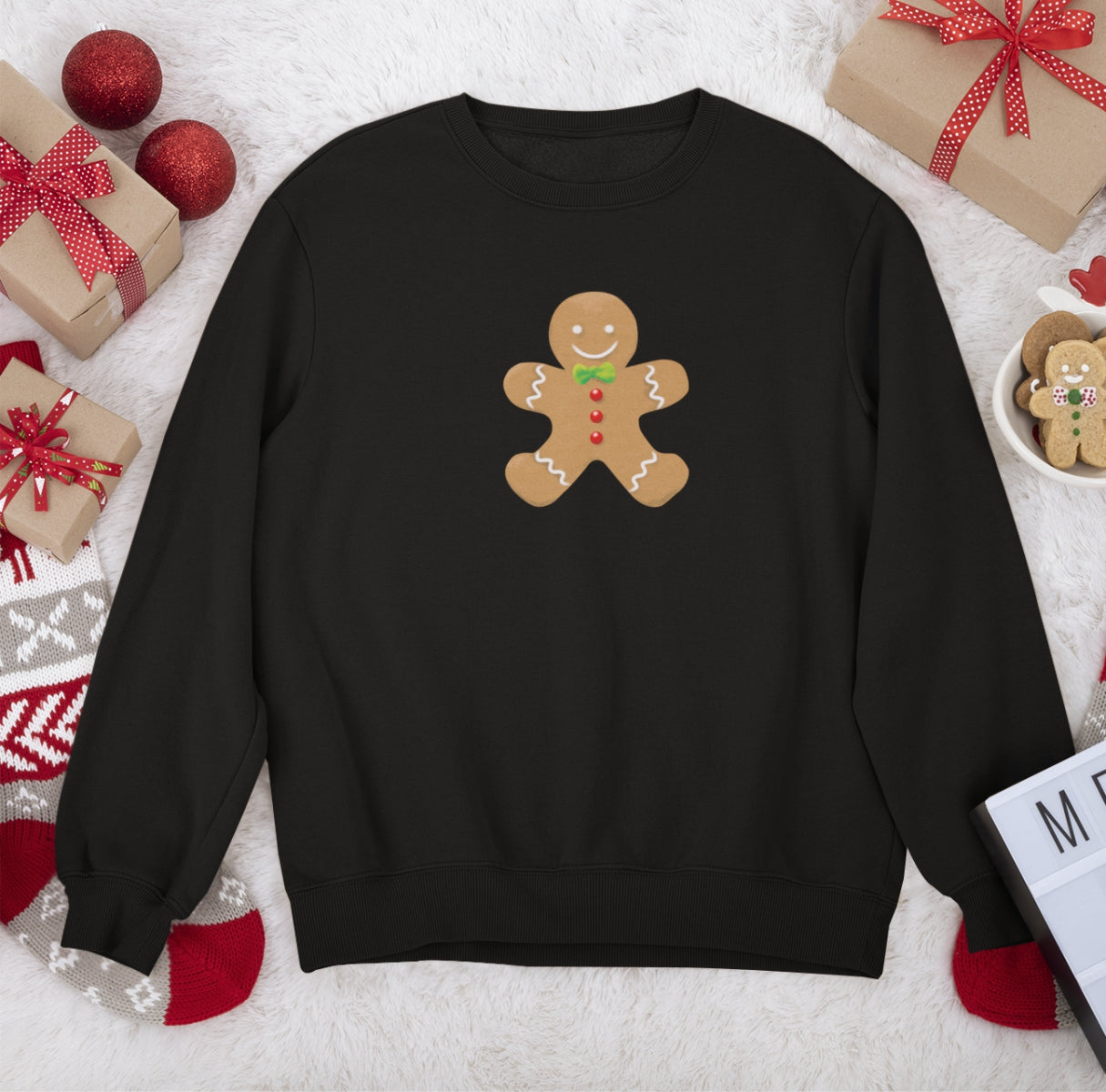 Melns UNISEX džemperis bez kapuces "Ziemassvētku cepumiņš"