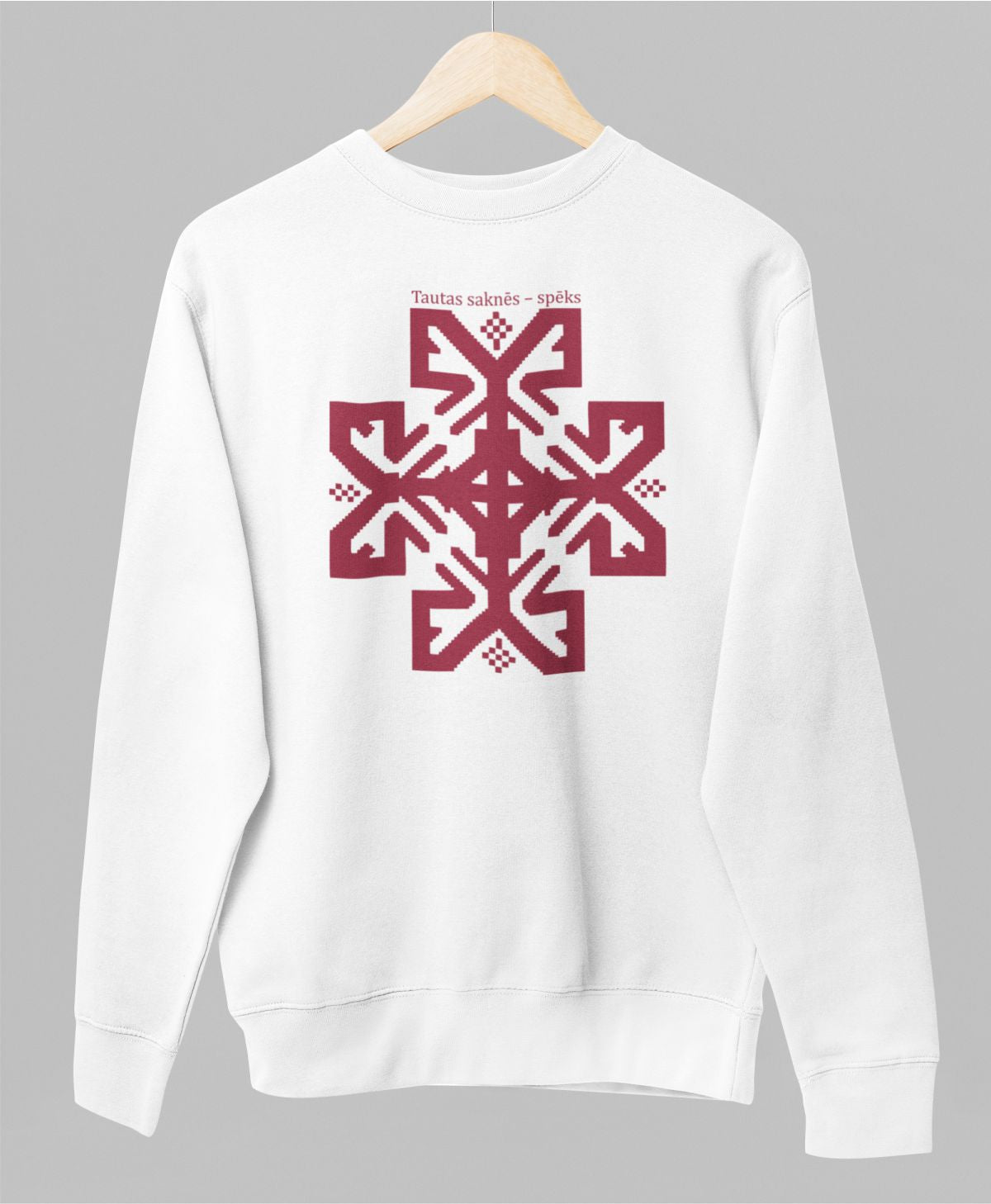Balts UNISEX džemperis bez kapuces "Tautas saknēs – spēks"