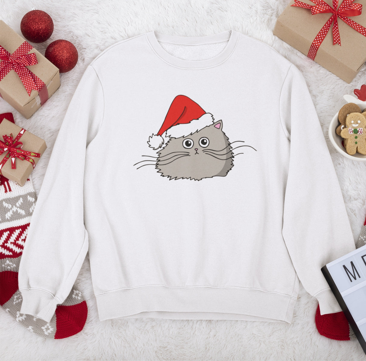 Balts UNISEX džemperis bez kapuces "Ziemassvētku kaķītis"