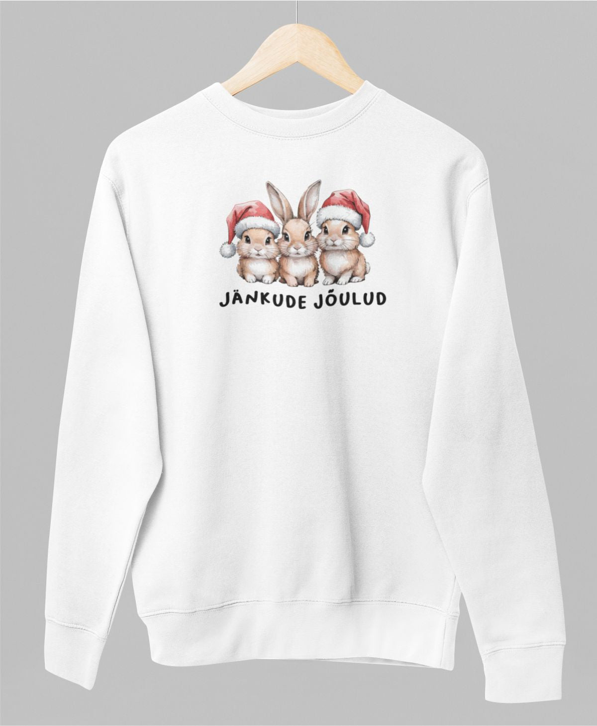 Valge UNISEX pusaer ilma kapuutsita "Jänkude jõulud"