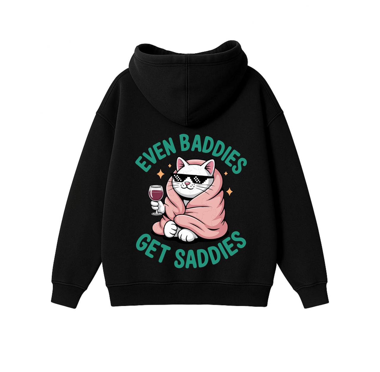 JUODAS OVERSIZED STOROS MEDŽIAGOS DŽEMPERIS "EVEN BADDIES GET SADDIES"