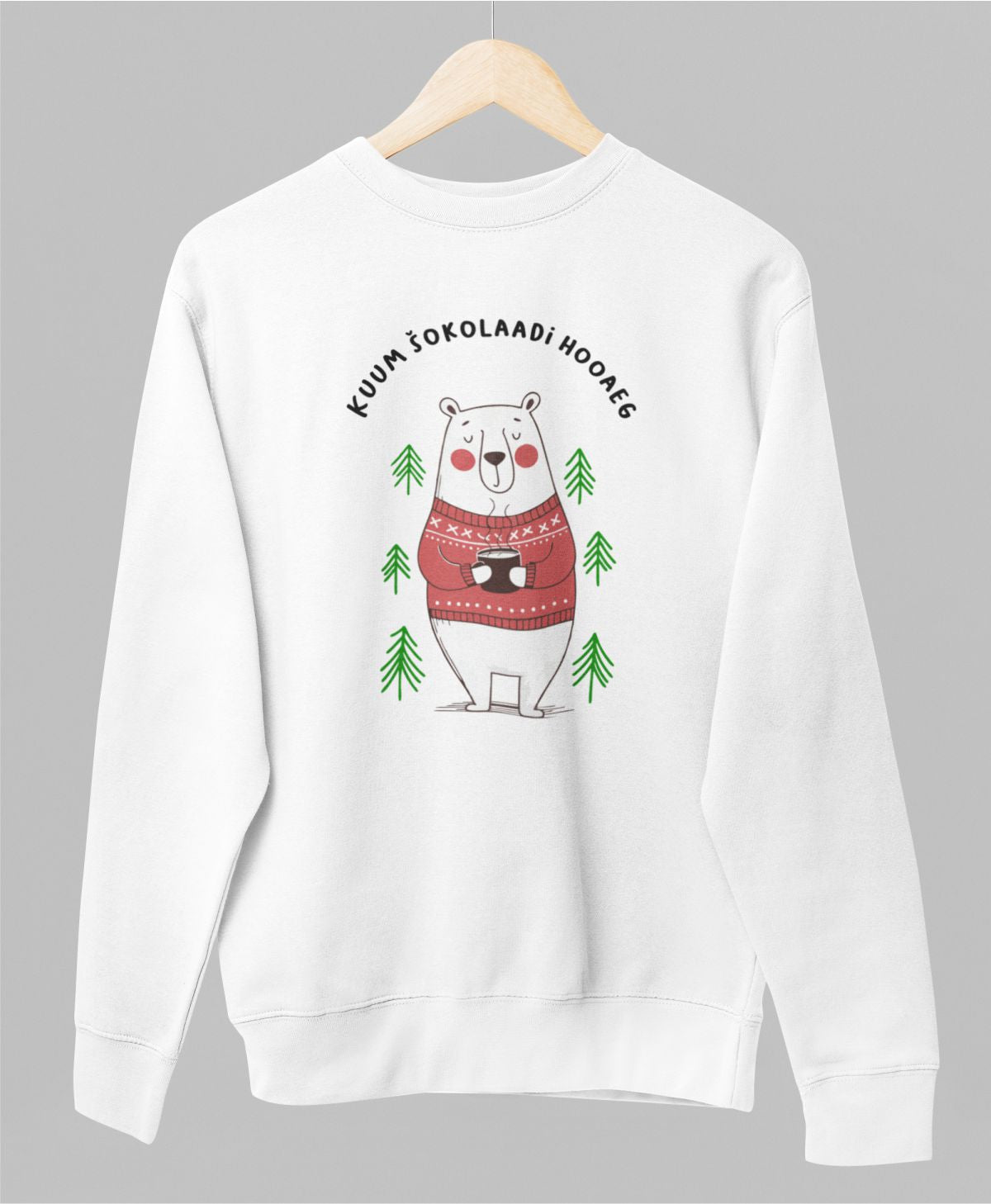 Valge UNISEX pusaer ilma kapuutsita "Kuum šokolaadi hooaeg"