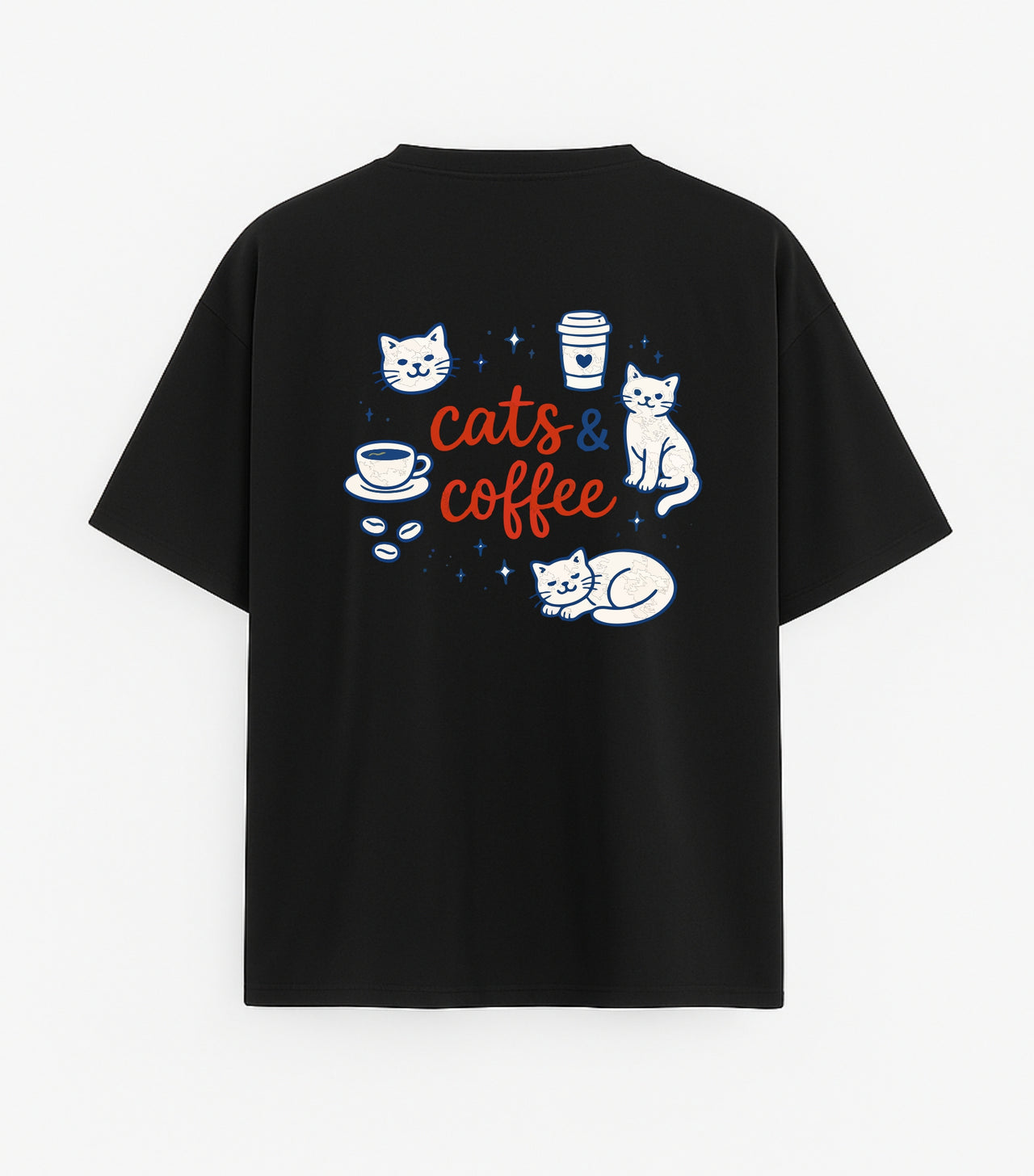 Oversized black T-shirt "Cats and coffee"