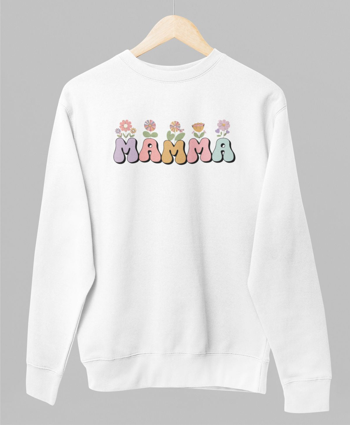 Balts UNISEX džemperis bez kapuces "Mamma ar puķēm"