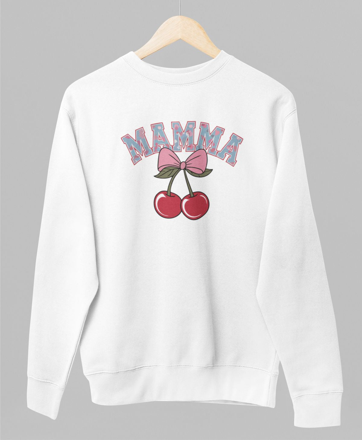 Balts UNISEX džemperis bez kapuces "Mamma ķirsis"