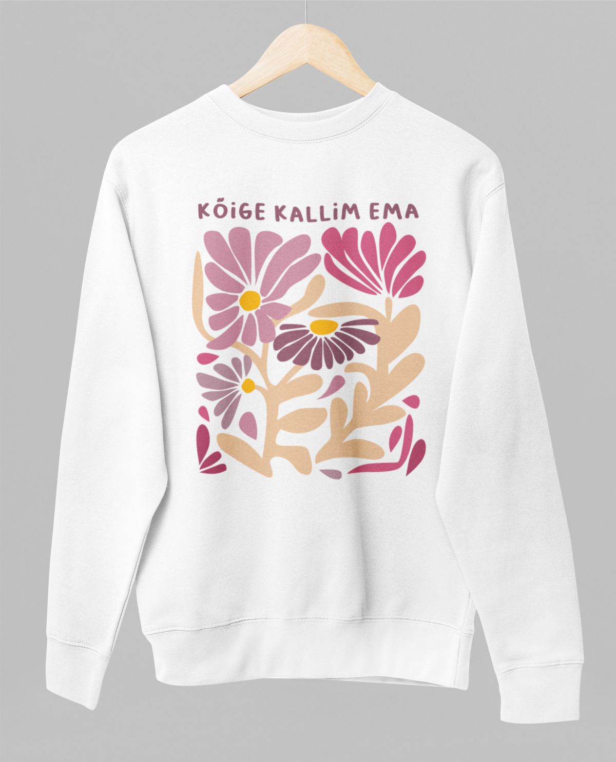 Valge UNISEX dressipluus ilma kapuutsita "Ema lilleaed"