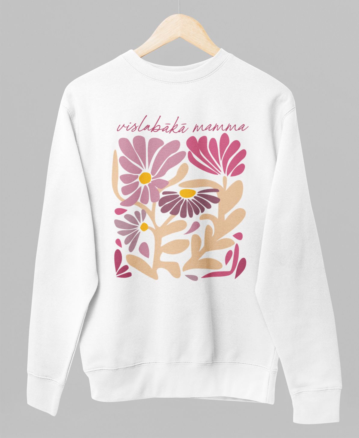 Balts UNISEX džemperis bez kapuces "Mammas puķu dārzs"