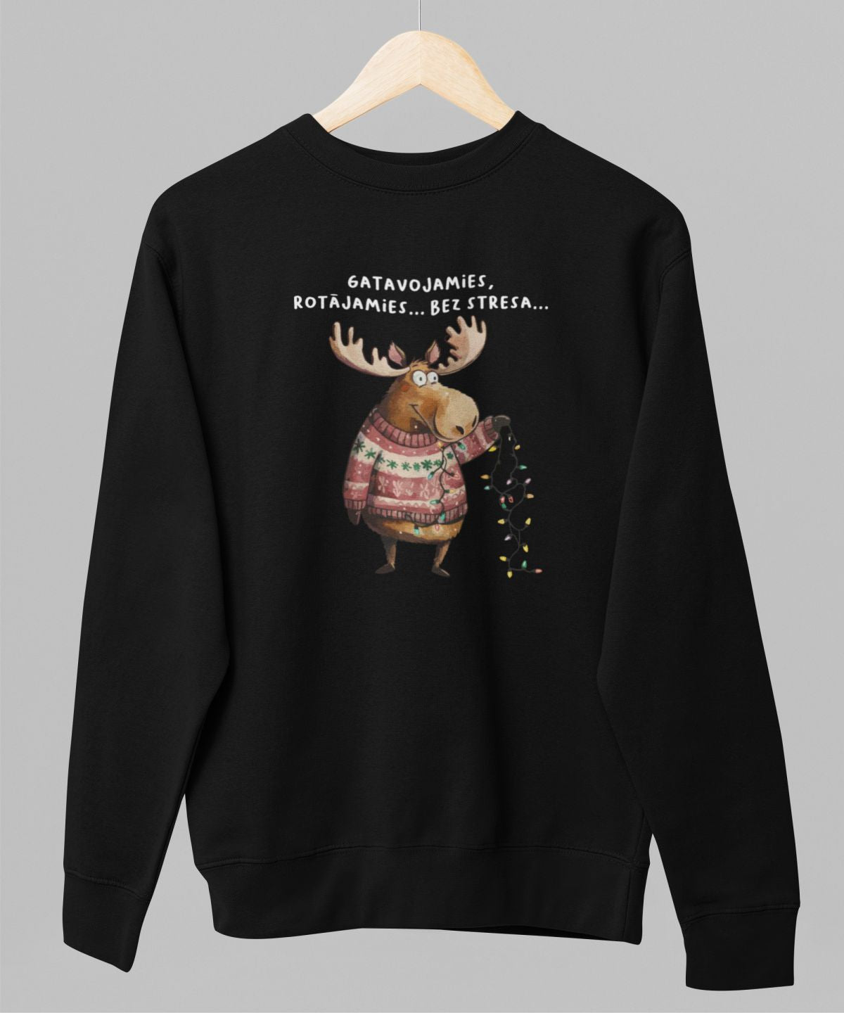 Melns UNISEX džemperis bez kapuces "Gatavojamies, rotājamies... Bez stresa..."