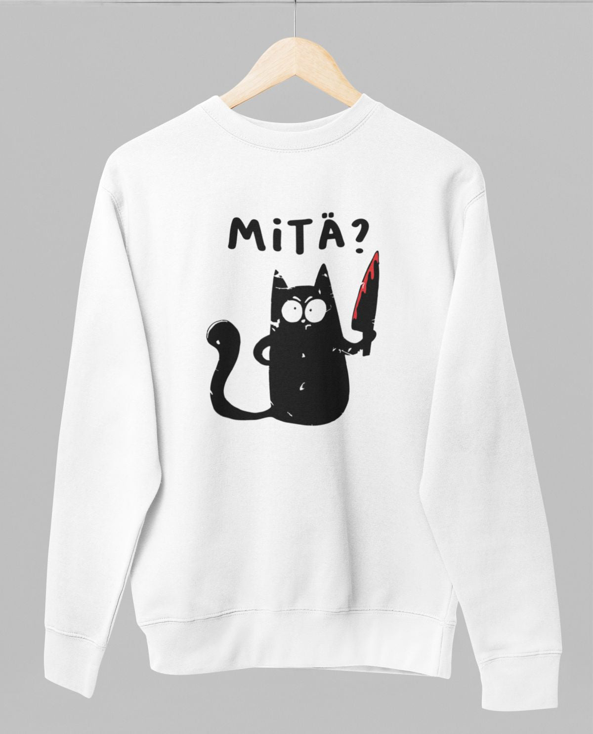 Valkoinen unisex collegepaita "Mitä"