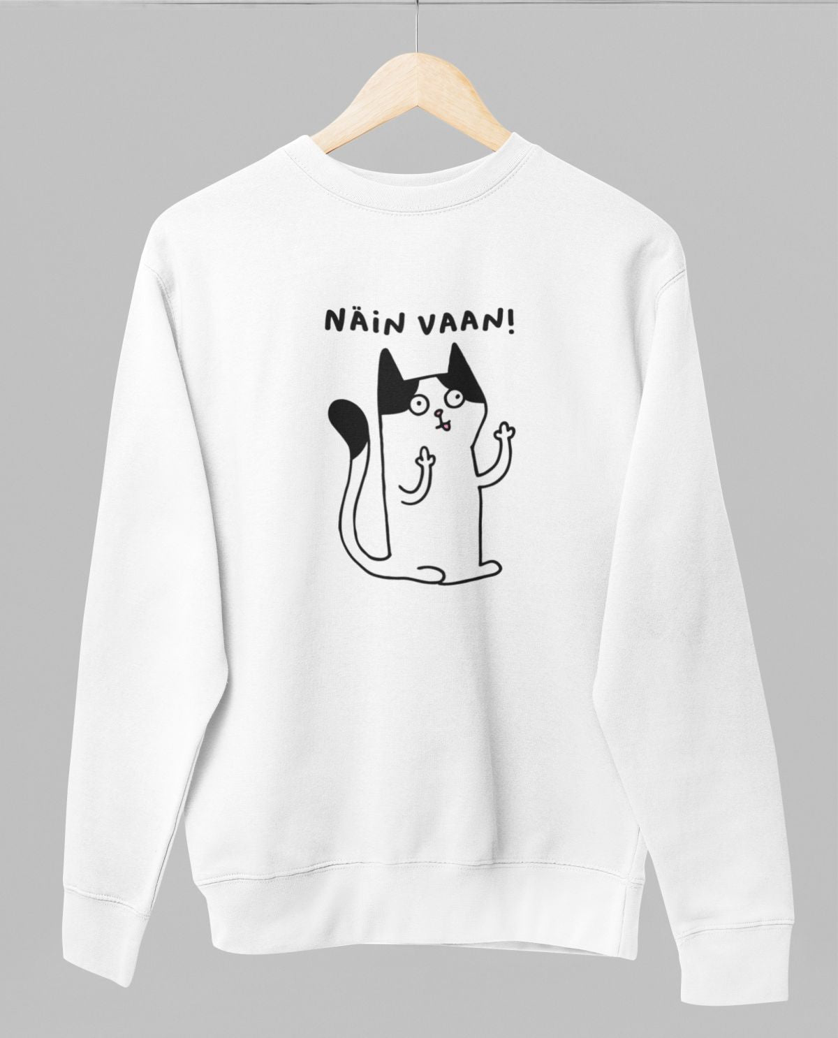 Valkoinen unisex collegepaita "Näin vaan!"