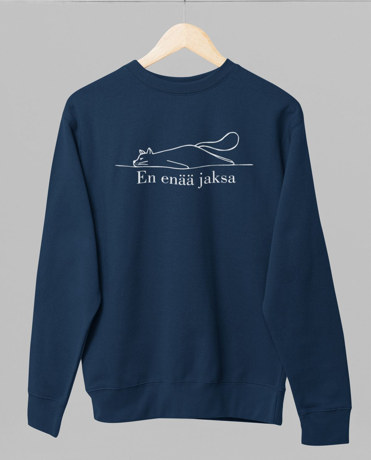 Sininen unisex collegepaita "En enää jaksa"