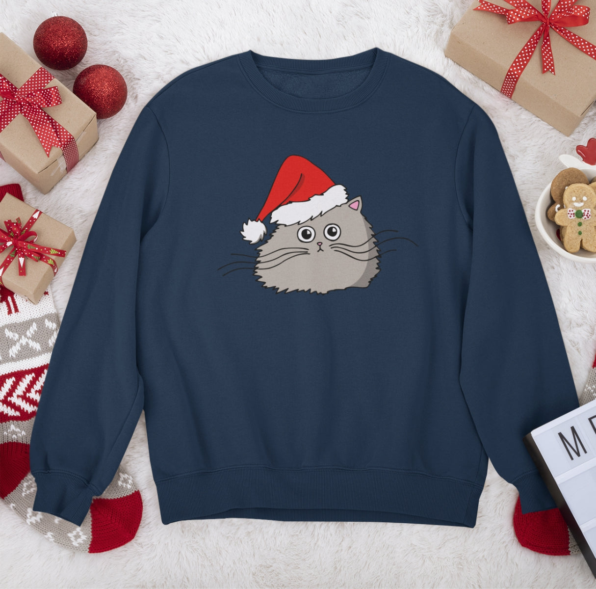 Zils UNISEX džemperis bez kapuces "Ziemassvētku kaķītis"