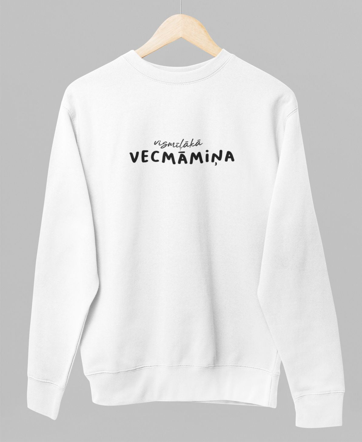 Balts UNISEX džemperis bez kapuces "Vismīļākā vecmāmiņa"