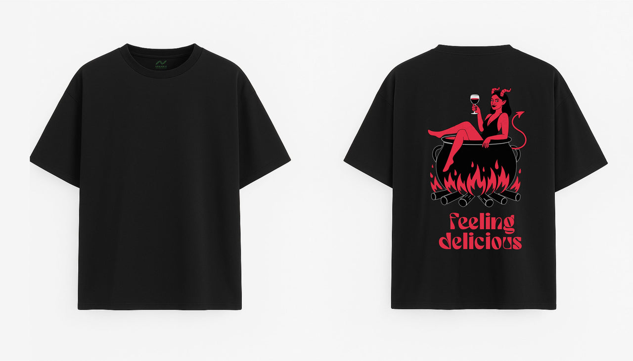 Oversized black T-shirt "Feeling delicious"