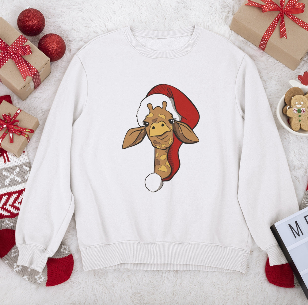 Balts UNISEX džemperis bez kapuces "Ziemassvētku kaķītis"