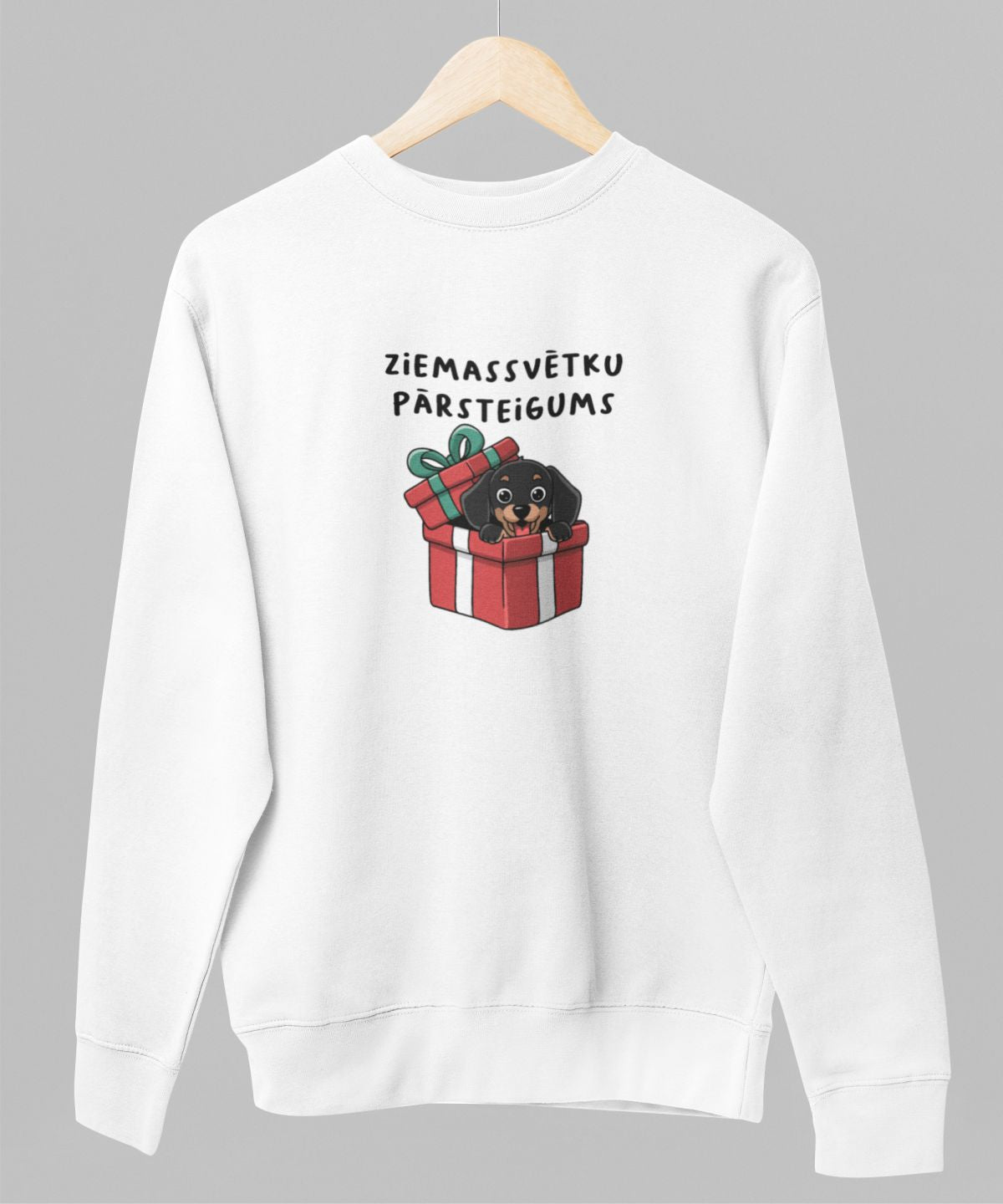 Balts UNISEX džemperis bez kapuces "Ziemassvētku pārsteigums"