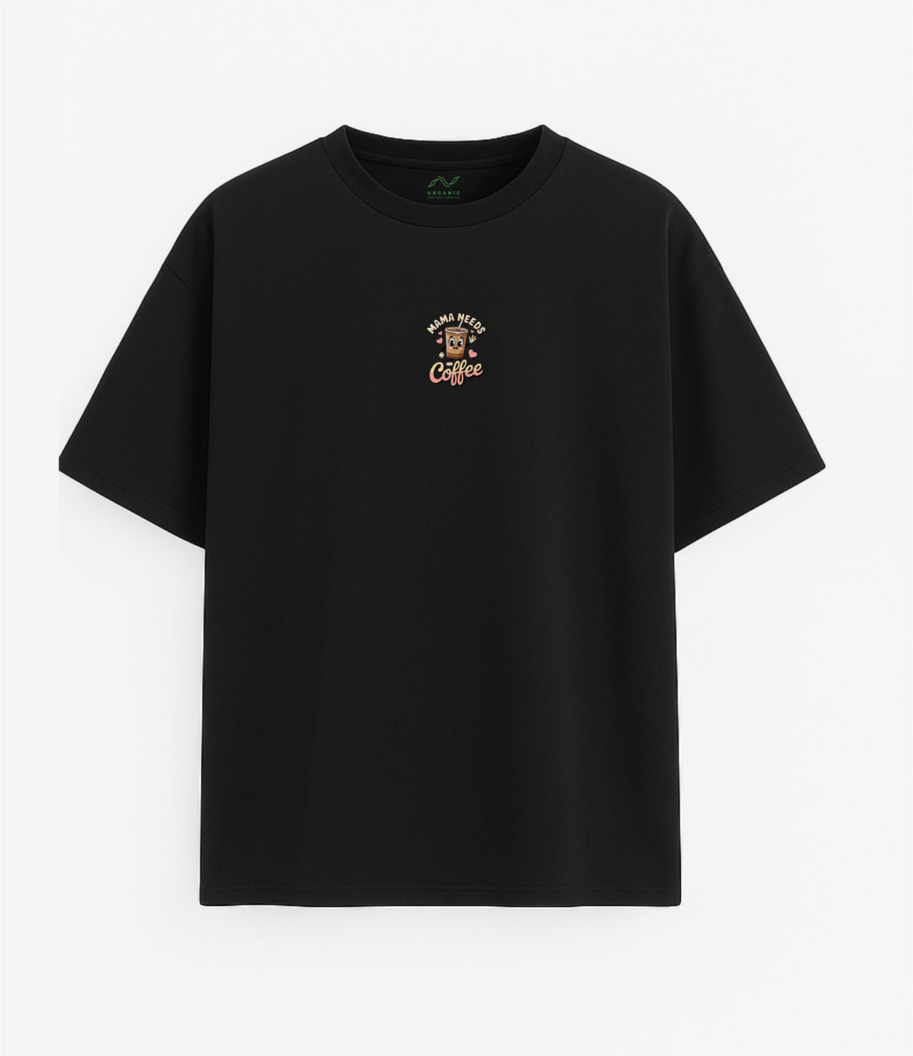JUODI UNISEX OVERSIZE MARŠKINĖLIAI "MAMA NEEDS COFFE"