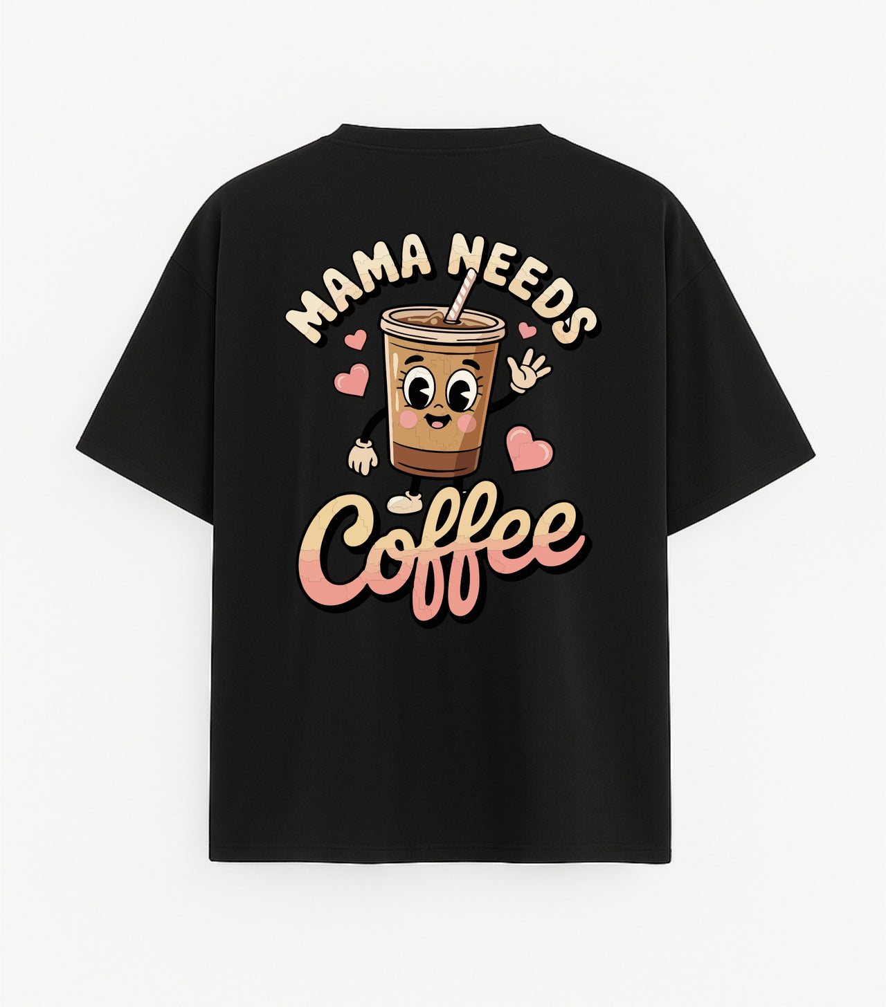 JUODI UNISEX OVERSIZE MARŠKINĖLIAI "MAMA NEEDS COFFE"