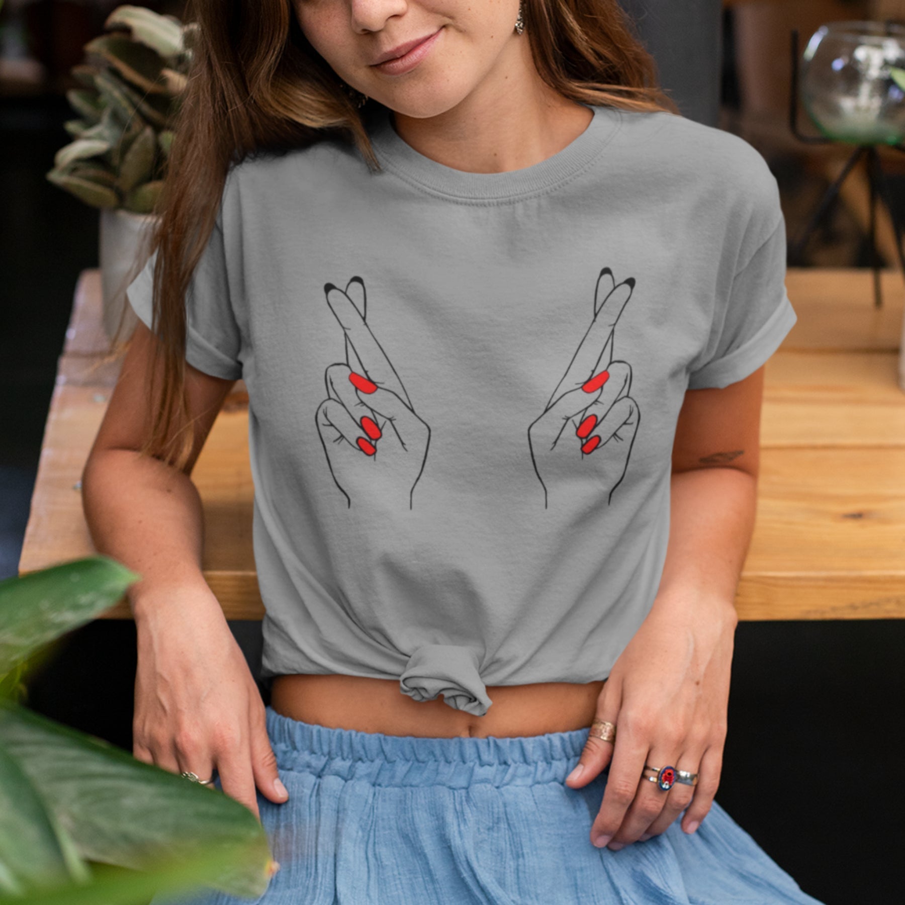 Grau meliertes T-Shirt Finger