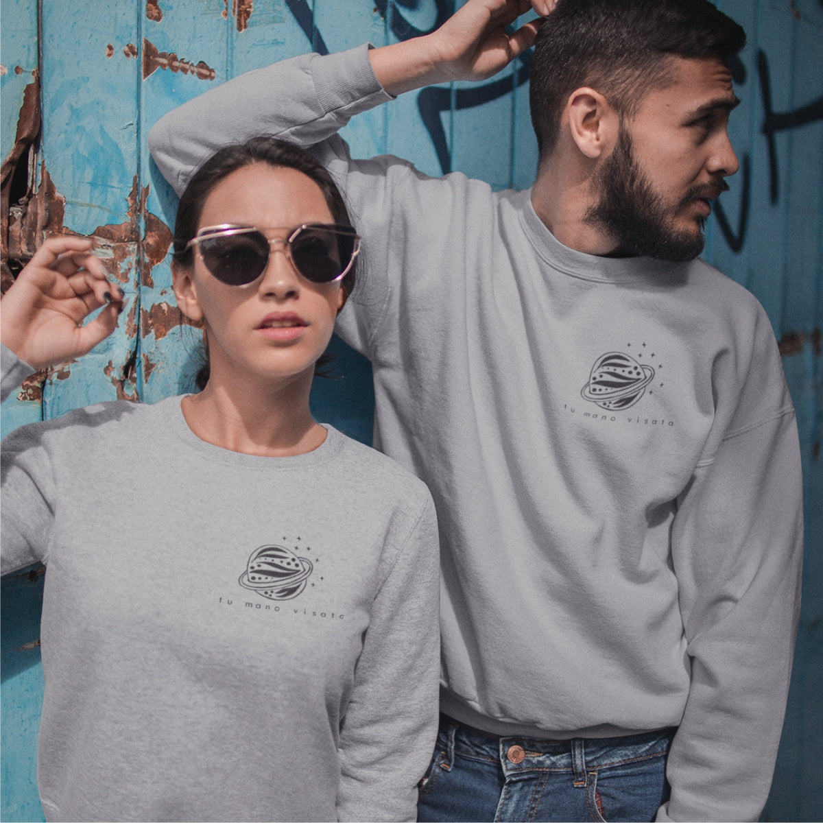 Pelēki melanža džemperi bez kapucēm pāriem "Tu esi mans Visums"